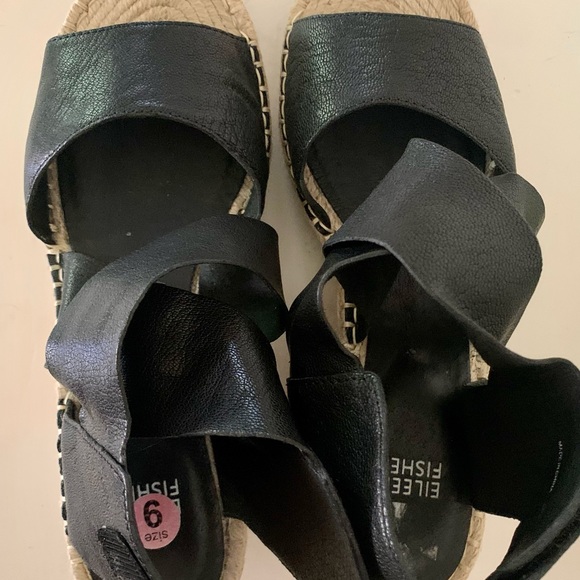 Eileen Fisher Willow Wedge Espadrille Sandal Shoe Velcro Black Leather Sz 9 - Picture 6 of 8